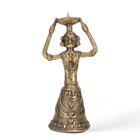Dhokra Tribal Lady Brass Candle Holder | Handcrafted Indian Tribal Decor