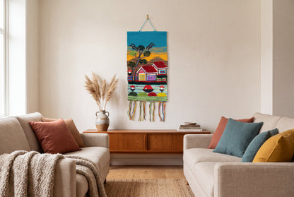 Handwoven Village Landscape Tapestry, 18x12 Inch, Colorful Boho Wall Hanging