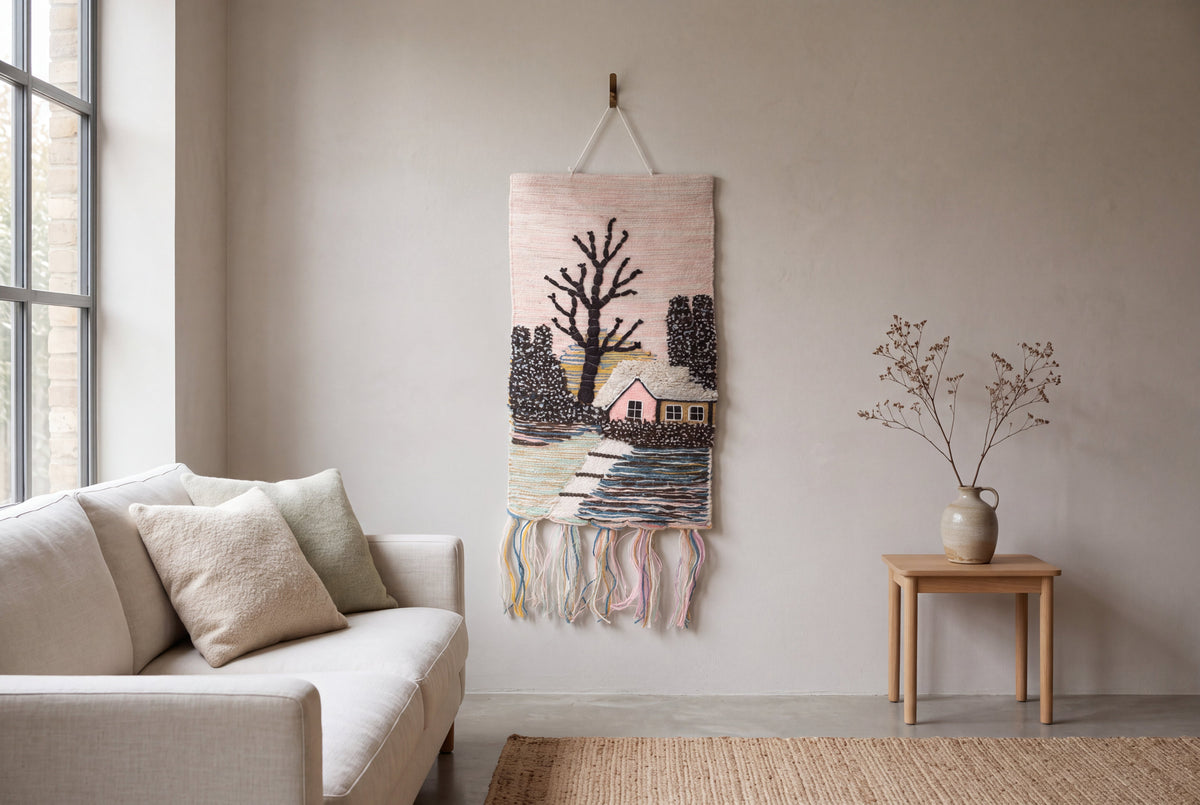 Handwoven Winter Village Tapestry, 18x12 Inch, Rustic Cottage Wall Hanging