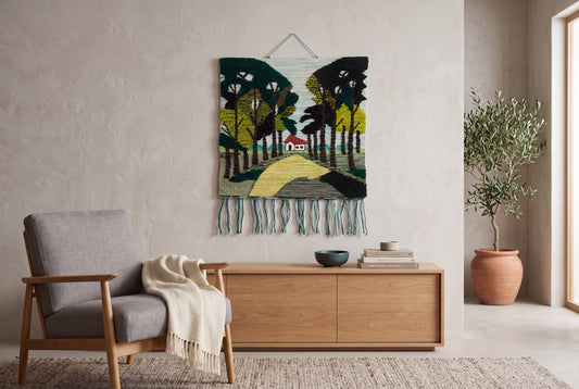 Handwoven Forest Landscape Tapestry, Cottage Pathway, Rustic Boho Wall Hanging (28x30 Inch)