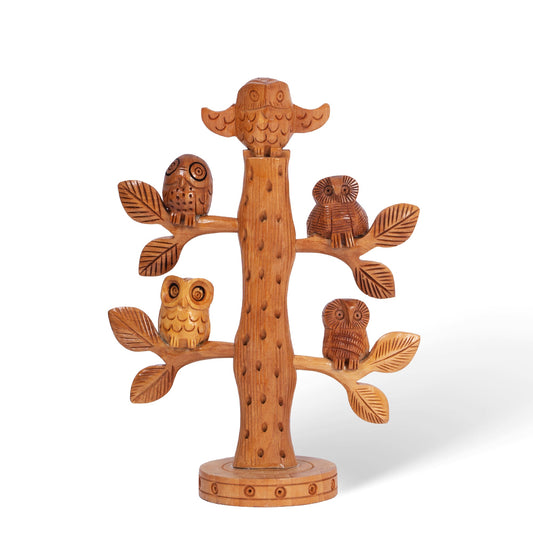 Hand Carved Wooden Owl Tree Sculpture – Rustic Bird Family Decor, Handmade Wood Display
