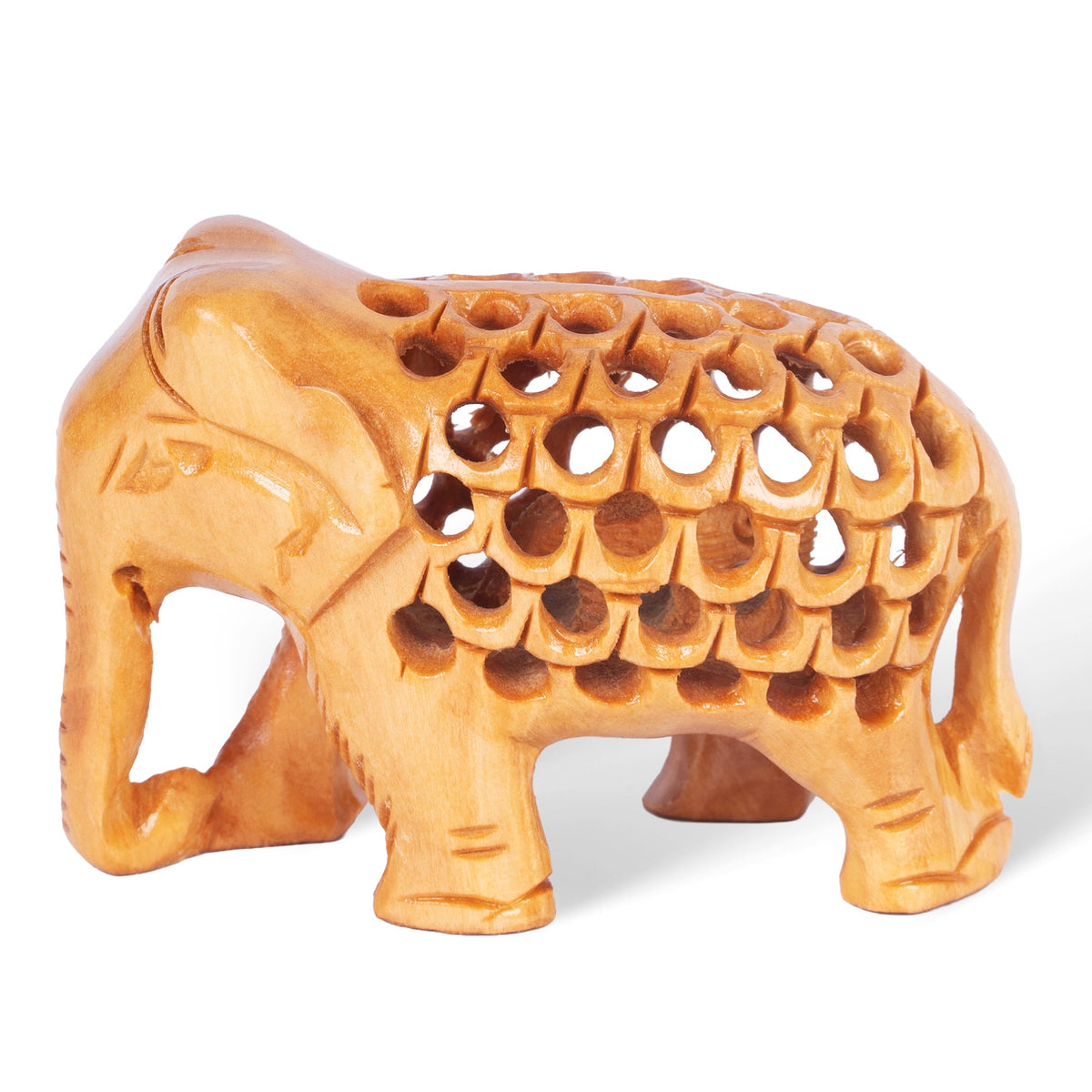 Hand Carved Wooden Elephant Sculpture – Intricate Openwork Lattice Design, Indian Wooden Elephant Figurine