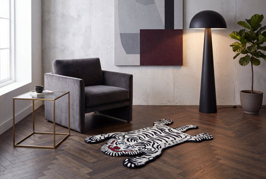 Hand Tufted Tiger Rug – Black & White Animal Shaped Wool Rug for Kids Room, Bedroom & Nursery Décor | 2 × 3 Feet