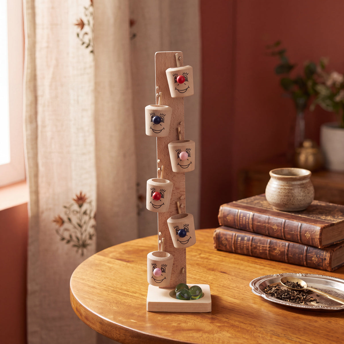 Handcrafted Wooden Cup & Marble Skill Game – Rustic Handmade Tabletop Game with Colorful Marbles