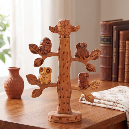 Hand Carved Wooden Owl Tree Sculpture – Rustic Bird Family Decor, Handmade Wood Display