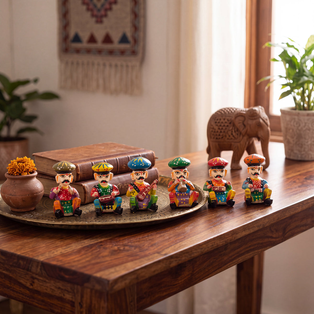 Handcrafted Rajasthani Musician Figurines Set of 6 – Colorful Indian Folk Art Decorative Statues