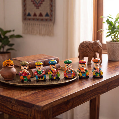 Handcrafted Rajasthani Musician Figurines Set of 6 – Colorful Indian Folk Art Decorative Statues