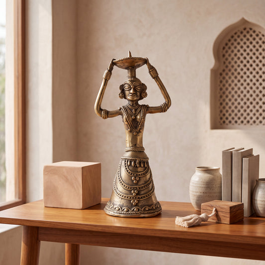 Dhokra Tribal Lady Brass Candle Holder | Handcrafted Indian Tribal Decor