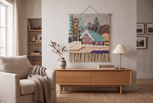 Handmade Woven Tapestry, Cottage Landscape Wall Hanging, Boho Fiber Art (28x30 Inch)