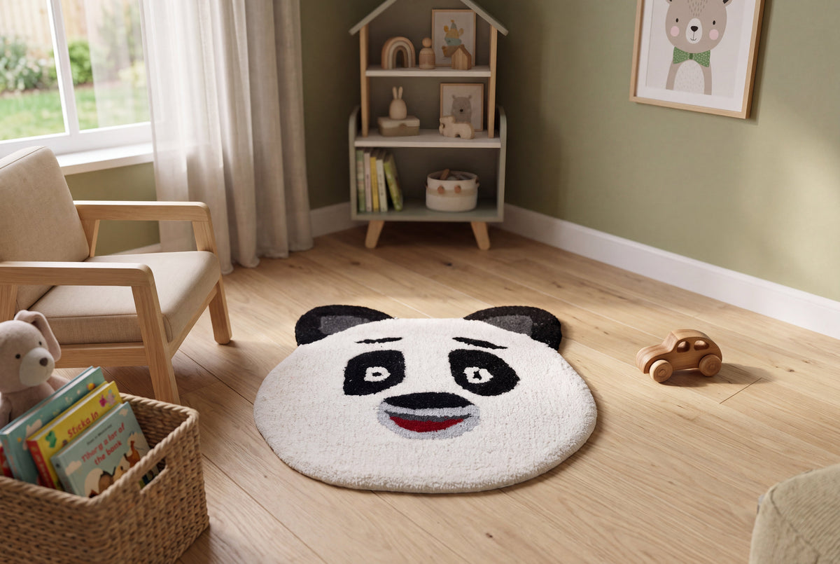 Hand Tufted Panda Face Rug – Cute Black & White Animal Shaped Wool Rug for Kids Room, Nursery & Playroom Décor | 1.3 × 1.2 Feet