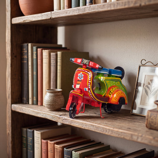 Handcrafted Wooden Scooter – Colorful Indian Folk Art Miniature Motorcycle Decor