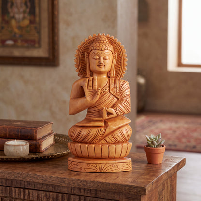 Hand Carved Wooden Buddha Statue – Meditation & Peace Decor, Indian Wood Sculpture