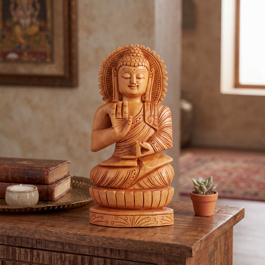 Hand Carved Wooden Buddha Statue – Meditation & Peace Decor, Indian Wood Sculpture