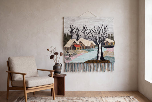 Handmade Winter Village Tapestry, Woven Cottage Landscape, Boho Home Decor (36x40 Inch)