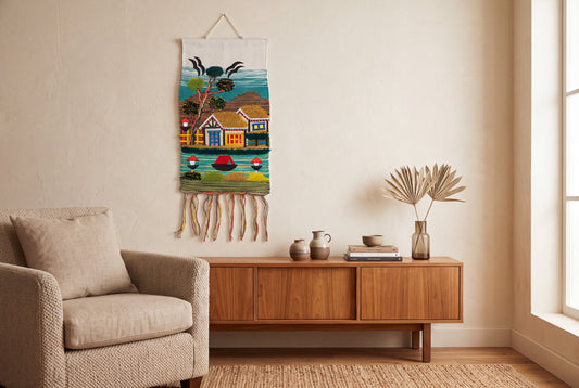 Handmade Coastal Village Tapestry, Woven Textile Art, Nautical Boho Wall Hanging (18x12 Inch)