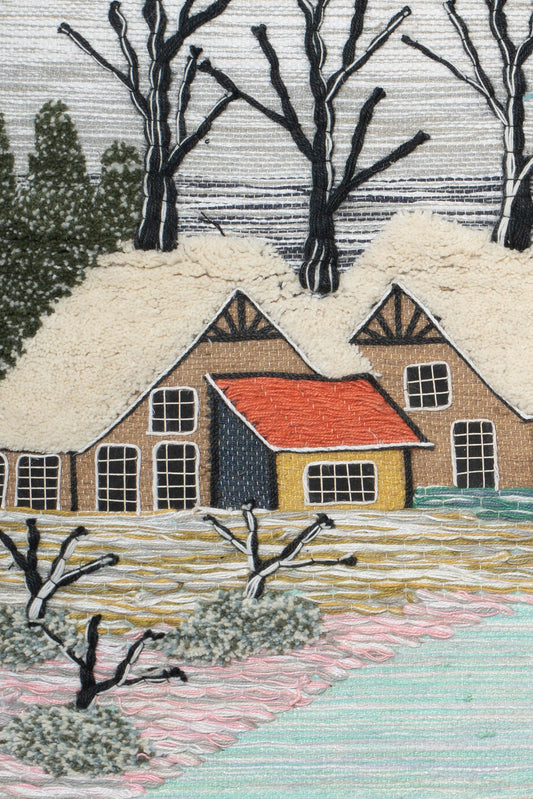Handmade Winter Village Tapestry, Woven Cottage Landscape, Boho Home Decor (36x40 Inch)