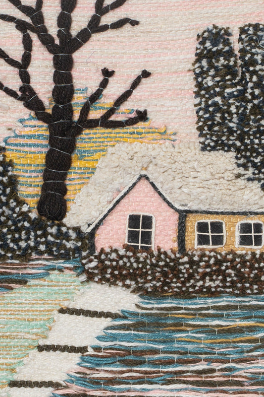 Handwoven Winter Village Tapestry, 18x12 Inch, Rustic Cottage Wall Hanging