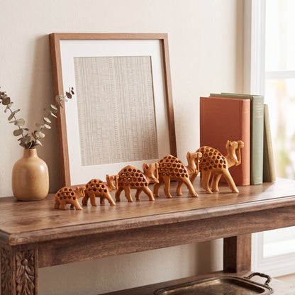 Hand Carved Wooden Camel Family Set – Traditional Indian Camel Figurines Set of 5 for Home Décor