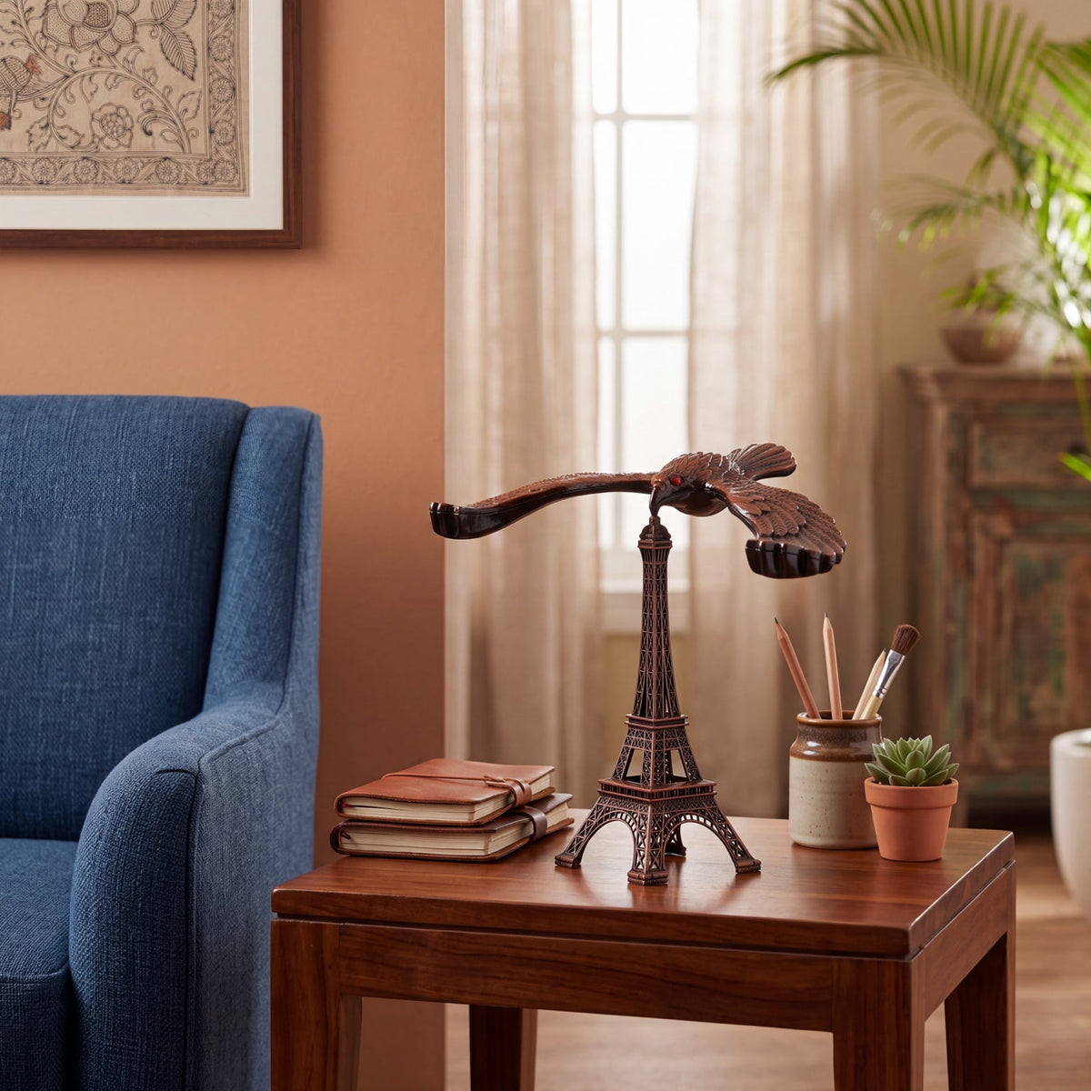 Handcrafted wooden eagle and Eiffel Tower decorative sculpture in a premium home interior